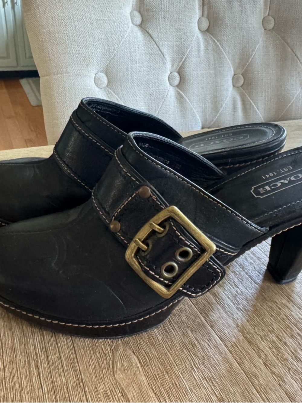 Coach Black Leather Mule Heels with Brass Buckle